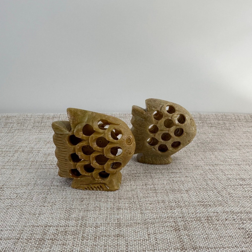 Vintage Carved Soapstone Fish Pair Openwork Jali Fish Inside Fish Figurines